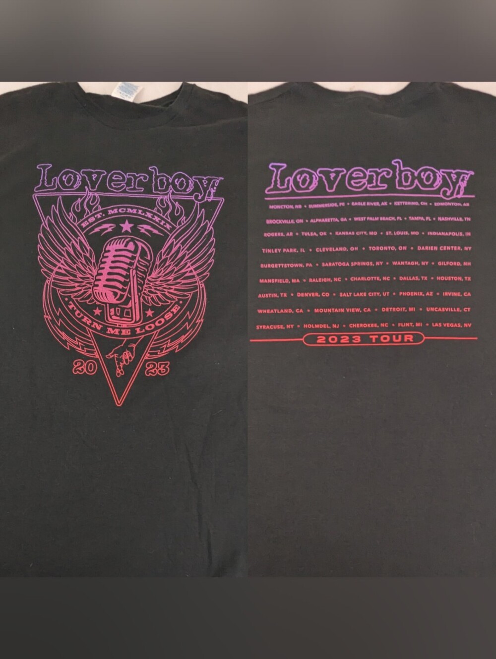Loverboy 2023 Concert Tshirt Men's Black With Hot Purple Pink Graphics 2XL